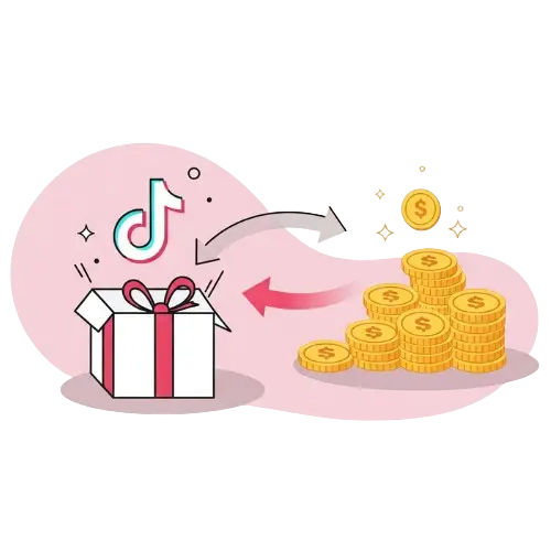 TikTok Gift to Coin Exchange: Image of a gift box transforming into a pile of coins, representing the process of converting TikTok gifts to coins